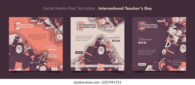 Social media template for teacher's day with Illustration of female teacher and learning tools