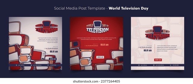 Social media template with television in doodle art and red background for television day campaign