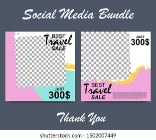 Social media template for travel business, posts and stories. Editable template for digital marketing, web banner and mobile apps.