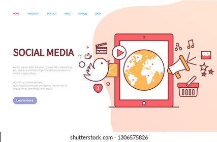 Social media template of website, web pages decorated by tablet, hearts, massage icons and loudspeaker. Screen page of online communication vector