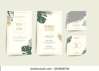 social media template for wedding invitation card with tropical flower and leaves Premium Vector