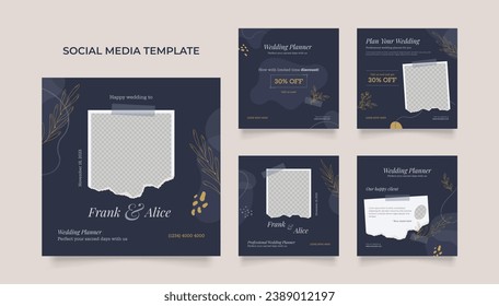 Promoción de organizador de boda con plantilla de medios sociales. afiche de venta orgánica del puzzle cuadrado post del rompecabezas completamente editable. fondo vectorial de la fuente de invitación de celebración