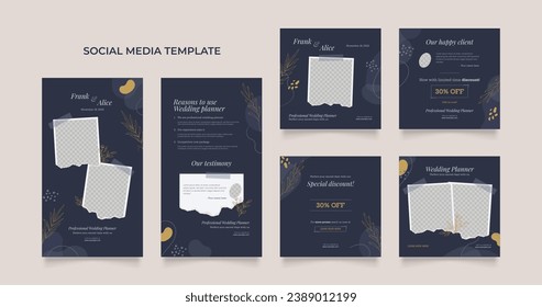 Promoción de organizador de boda con plantilla de medios sociales. afiche de venta orgánica del puzzle cuadrado post del rompecabezas completamente editable. fondo vectorial de la fuente de invitación de celebración