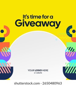 Social Media Templates Announcement Giveaway Winners. Festive background with cheerful colorful geometric art for announcement of prize winners