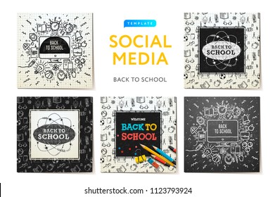 Social media templates Back to School, education and learning. Sketchy notebook doodles with lettering. Modern promotion web banner for social media mobile apps,  vector illustration.
