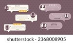 Social media templates for customer feedback review, speech bubble quote. Square vector background in beige color with star rating and customer icons. Vector illustration with editable text