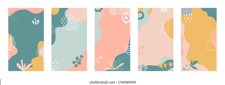 Social media templates with hand drawn organic shapes in pastel colors. Minimal cover design for branding. Fluid colorful background. Abstract elements for invitation, poster. Vector illustration.