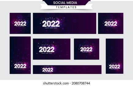 Social Media Templates And Headers Layout With 2022 Font And Shiny Fireworks On Purple Bokeh Background.