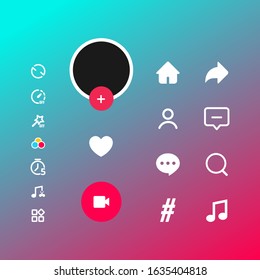 Social Media Templates Modern Design Buttons Web Application. Set Icons For Tik Tok: Search, Story, Like, Share, Hashtag, User, Comment, Note, Home, Plus. Vector Illustration. 