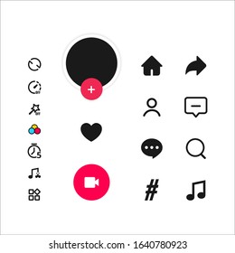 Social Media Templates Modern Design Buttons Web Application. Set Icons For Tik Tok: Search, Story, Like, Share, Hashtag, User, Comment, Note, Home, Plus. Vector Illustration. 