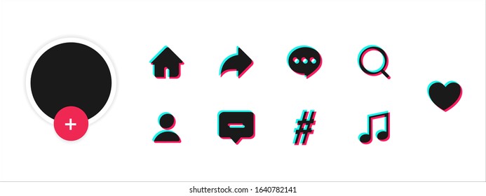 Social Media Templates Modern Design Buttons Web Application. Set Icons For Tik Tok: Search, Story, Like, Share, Hashtag, User, Comment, Note, Home, Plus. Vector Illustration. 