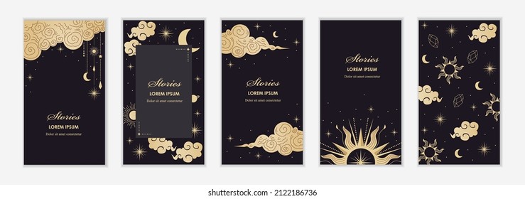 Social media templates. Mystical and astrological symbols. Golden ornament. A set of magical templates for stories, flyers, posters, cards, brochures. Vector illustration. 