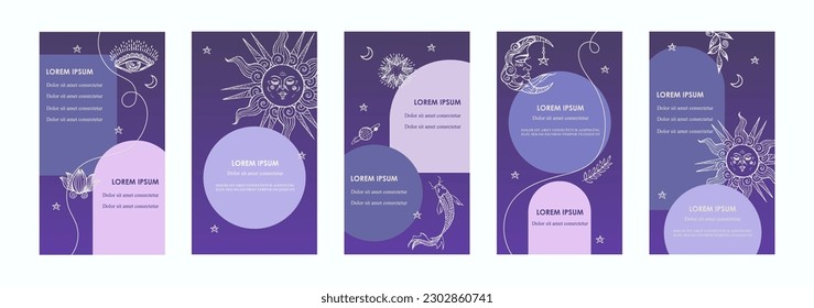 Social media templates. Mystical and astrological symbols. Set of magical templates for stories, flyers, posters, cards, brochures. Vector illustration.	