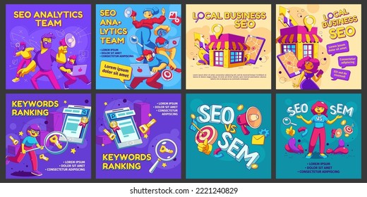 Social media templates, post, sem, local business, seo analytics team, keyword ranking, digital marketing strategies for advertising in internet concept with cartoon contemporary characters vector set