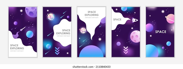 Social media templates. Space with planets and stars. Set of dark space templates for banners, posters, stories, covers, cards, flyers. Vector illustration. EPS 10