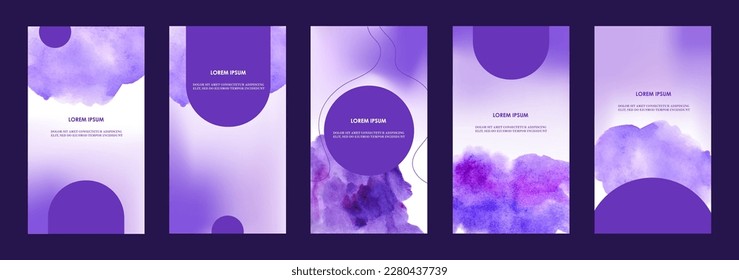 Social media templates. Watercolor gradient. Set of purple abstract banners.  A set of modern templates for stories, flyers, posters, cards, brochures. Vector illustration. 	
