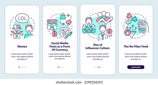 Social media tendencies onboarding mobile app screen. Walkthrough 4 steps editable graphic instructions with linear concepts. UI, UX, GUI template. Myriad Pro-Bold, Regular fonts used