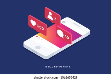 Social Media theme. Communication in social networks. Image of mobile phone with message icons, likes and subscribers. 3d isometric design. Perfect for banner, website and promotional materials. Social Media theme. Communication in social networks. Image of mobile phone with message icons, likes and subscribers. 3d isometric design. Perfect for banner, website and promotional materials.