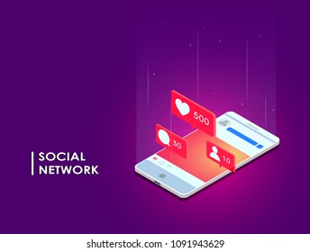 Tema de medios sociales. Comunicación en redes sociales. Imagen de teléfono móvil con iconos de mensajes, me gusta y suscriptores. 3 quinquies de diseño isométrico. Perfecto para banners, sitios web y materiales promocionales.