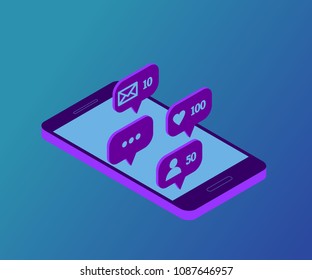 Social media theme. Isolated on blue gradient background. Communication in social networks. Smartphone, mobile phone with message icons, likes and subscribers. 3d isometric concept, flat design.