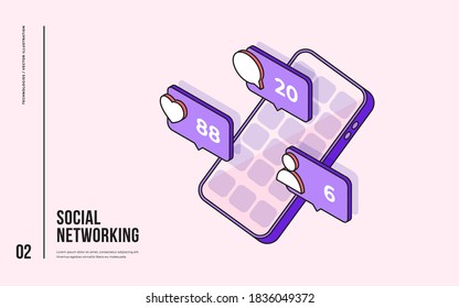 Social Media theme. Сommunication in social networks. Image of mobile phone with message icons, likes and subscribers. 3D isometric design. Vector illustration for web page, banner, presentation.