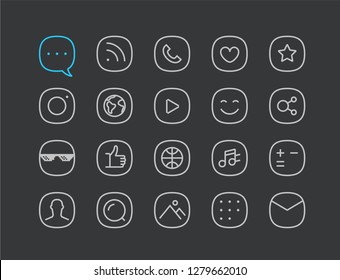 Iconos de aplicaciones móviles lineales de línea delgada de medios sociales establecidos. Colección de vectores