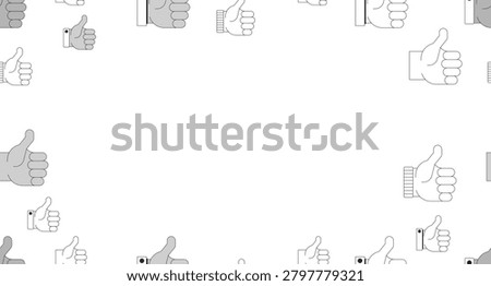 Social media thumbs up black and white border copy-space. Likes. Seamless repeat pattern frame. Flat line graphic composition with copyspace center. Outline vector background with scattered elements