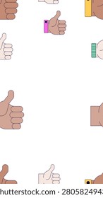 Social media thumbs up vertical frame copy-space. Likes. Seamless pattern composition with copyspace. Decorative border background for social media stories. Vector illustration. Flat 2D cartoon style