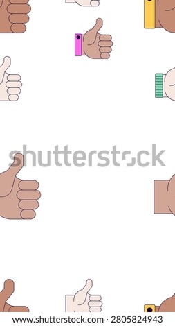 Social media thumbs up vertical frame copy-space. Likes. Seamless pattern composition with copyspace. Decorative border background for social media stories. Vector illustration. Flat 2D cartoon style
