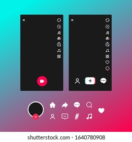 Social Media Tik Tok Frame Template Mobile Interface, Ui, App, Web. Set Icons: Search, Story, Like, Share, Hashtag, User, Comment, Note, Home. Vector Illustration. 