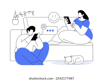 Social media time isolated cartoon vector illustrations. Young couple using their gadgets, time for social networks, gadgets addiction, people lifestyle, home routine vector cartoon.