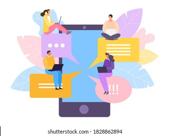 Social Media für winzige Figur in großen flachen Smartphone, Vektorgrafik. Person in der Nähe von Bubble-Nachrichten-Technologie, mobile Web-Sprache. Frauen Mann haben Dialog online im Internet, Chat-Konzept.