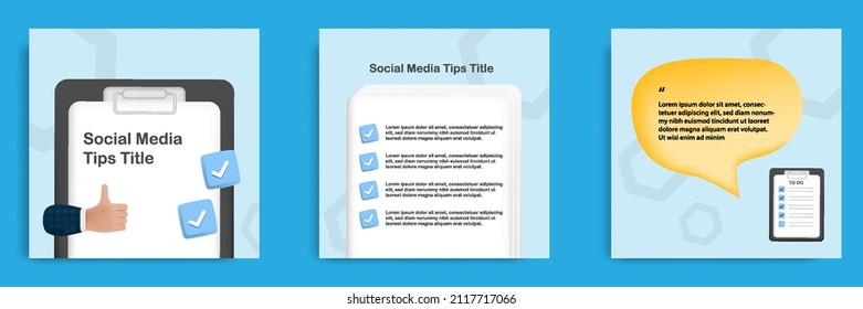 Social media tips, trick, and informative post banner template design in 3D cartoon style with clipboard document letter. Vector illustration