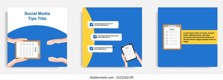 Social Media Tips, Trick, Informative Task And To Do Management, Post Banner Template Design In 3D Cartoon Style With Clipboard List Checker. Vector Illustration