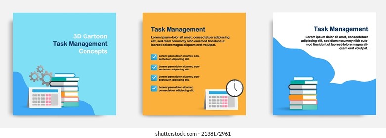 Social media tips, trick, informative task schedule deadline management, post banner template design in 3D cartoon style with multicolor background. Vector illustration