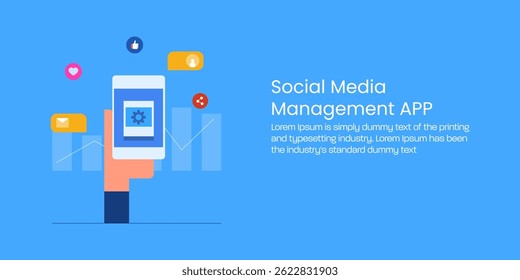 Social media tool for managing social media post, content creation, content publication, automatic scheduler - vector illustration landing page with ions