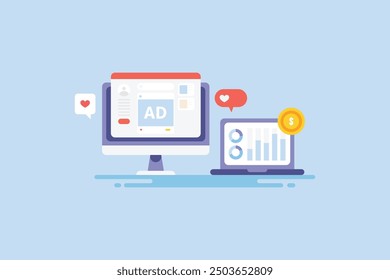 Social media traffic, Social media advertising sending traffic to the website, Monitoring Social media advertising campaign performance report - vector illustration with icons