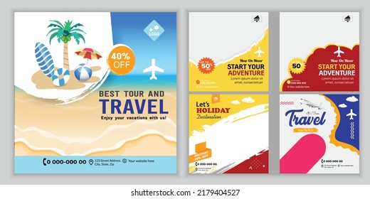 
Social Media Travel And Tours Ad Design. Enjoy Holiday Adventure Template. Social Media Post Template. Travel Agency Poster. Truism Vacation Discount Banner.	