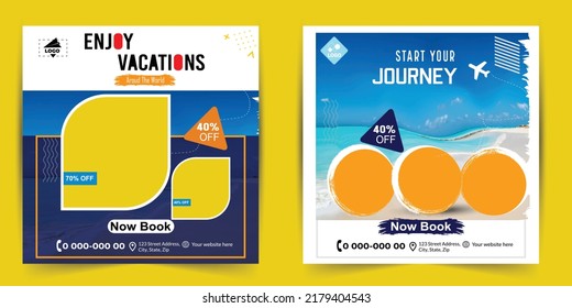 
Social Media Travel And Tours Ad Design. Enjoy Holiday Adventure Template. Social Media Post Template. Travel Agency Poster. Truism Vacation Discount Banner.	