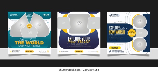 Social media travelling post or travel business agency promotion holiday vacation tour square web banner template