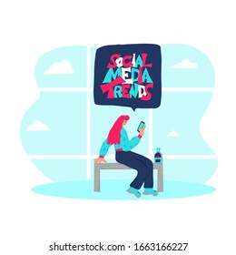 Social media trend emblem. Hand drawn lettering with female character. Vector illustration.