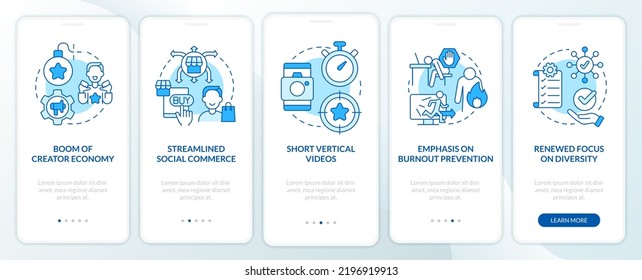 Social media trends blue onboarding mobile app screen. Marketing walkthrough 5 steps editable graphic instructions with linear concepts. UI, UX, GUI template. Myriad Pro-Bold, Regular fonts used