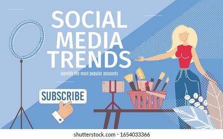 Social Media Trends Monitoring Startup, online Service for Digital Marketing, Popular Blogger Account Web Banner, Landing Page Template. Woman Beauty Blogger Character Trendy Flat Vector Illustration