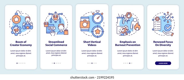 Social media trends onboarding mobile app screen. Digital marketing walkthrough 5 steps editable graphic instructions with linear concepts. UI, UX, GUI template. Myriad Pro-Bold, Regular fonts used