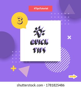 Social media tutorial quick tips, tip, trick layout template with geometric background design. In white purple yellow color