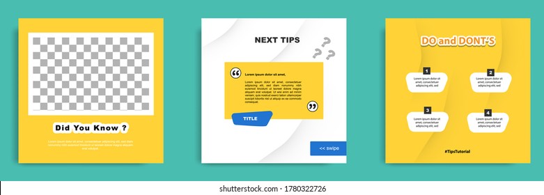 Social media tutorial, tip, trick, quick tips, layout template with geometric background design in blue, white, yellow color. Vector illustration