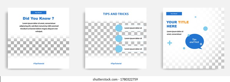 Social media tutorial, tip, trick, quick tips, layout template with geometric background design in blue, white, yellow color. Vector illustration