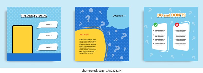 Social media tutorial, tip, trick, quick tips, do don'ts layout template with geometric background design in blue, white, yellow color. Vector illustration