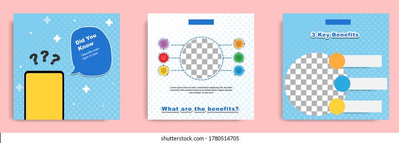 Social media tutorial, tip, trick, quick tips, layout template with geometric background design in blue, white, yellow color. Vector illustration