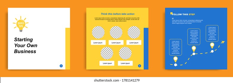 Social media tutorial, tip, trick, quick tips, layout template with geometric background design in blue, white, yellow color. Vector illustration